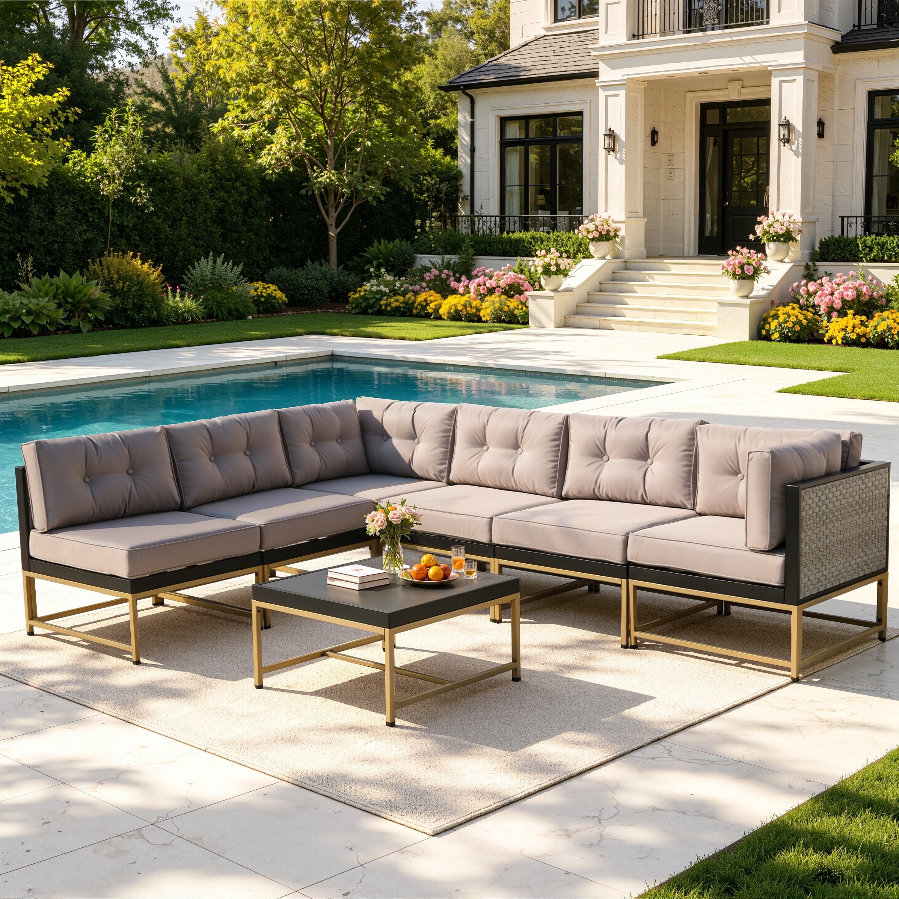 Patio Outdoor Furniture Sets, 7 Pieces All-Weather Rattan Sectional Sofa with Tea Table and Cushions, PE Rattan Wicker Sofa Couch Conversation Set for Garden Backyard Poolside