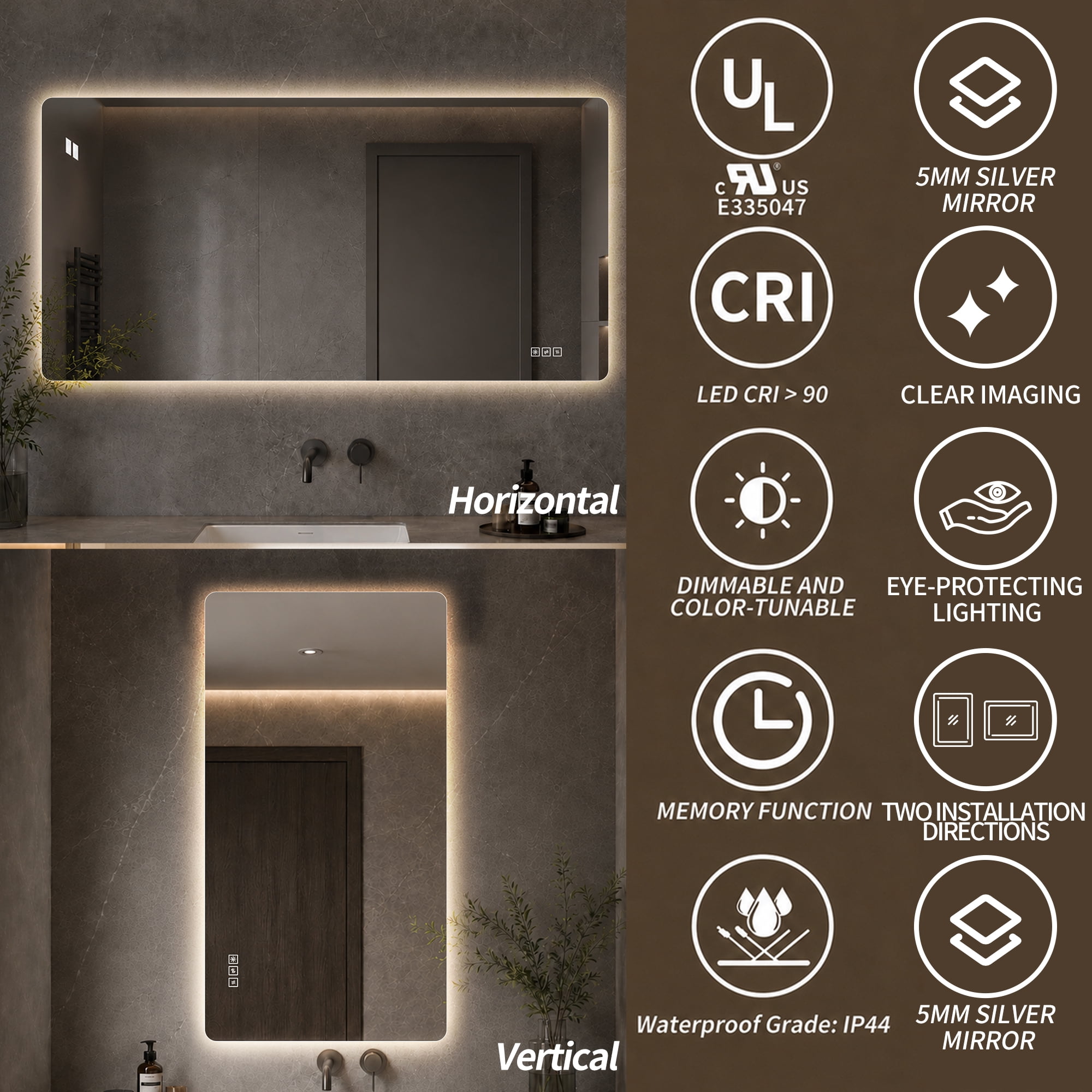 Garitin LED Bathroom Mirror and Backlit Vanity Mirror 48 x 24 Inch, Wall Mounted Dimmable Mirror with Anti Fog and 3 Color Lighting, Clear