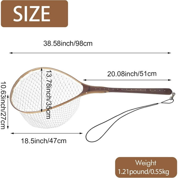 Fly Fishing Landing Net Trout Fishing Wooden with Measuring Mark Soft Rubber Net Bag Catch & Release