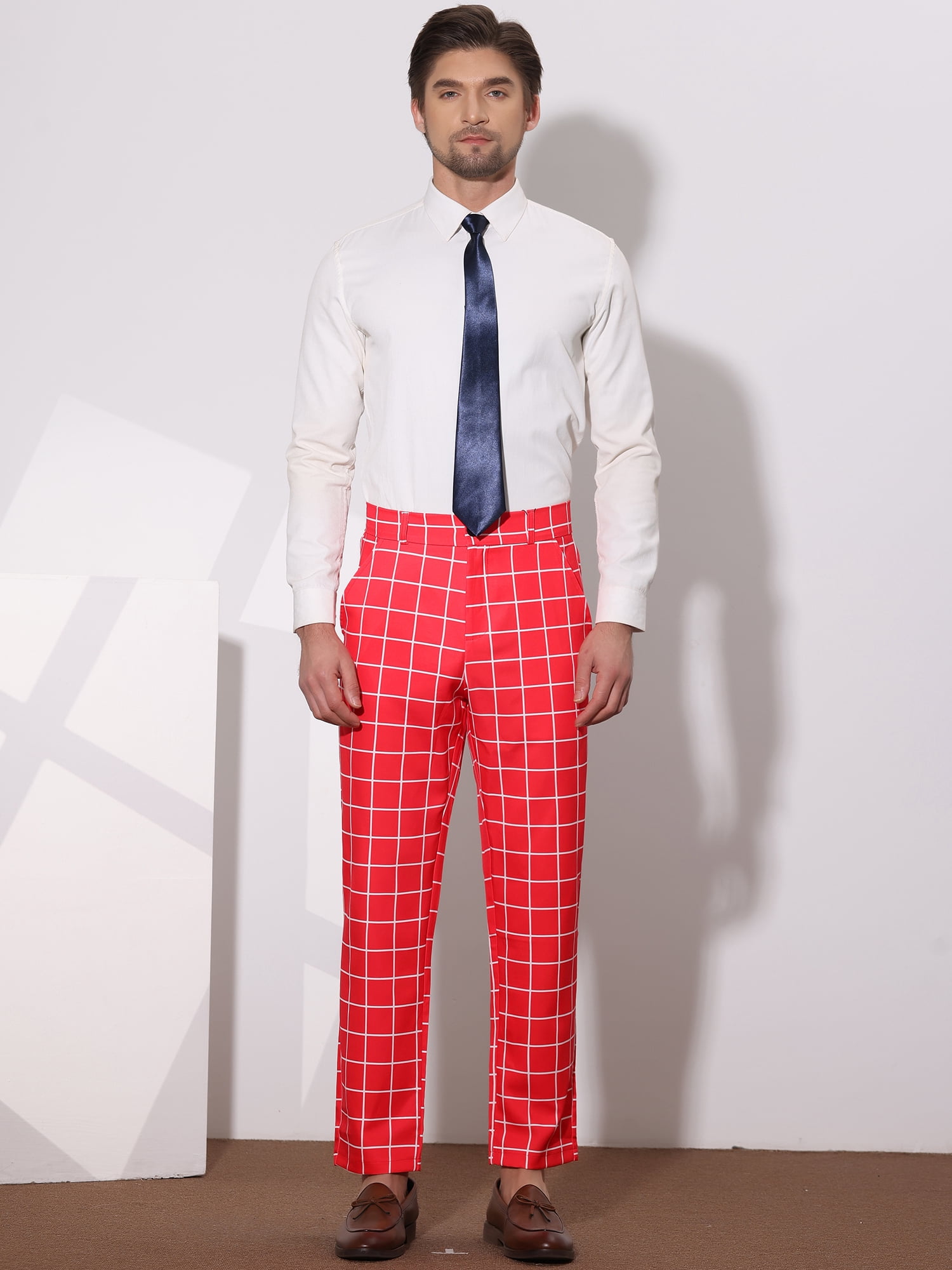 Unique Bargains Men's Plaid Printed Straight Leg Business Casual Checked Pants 28 Red White