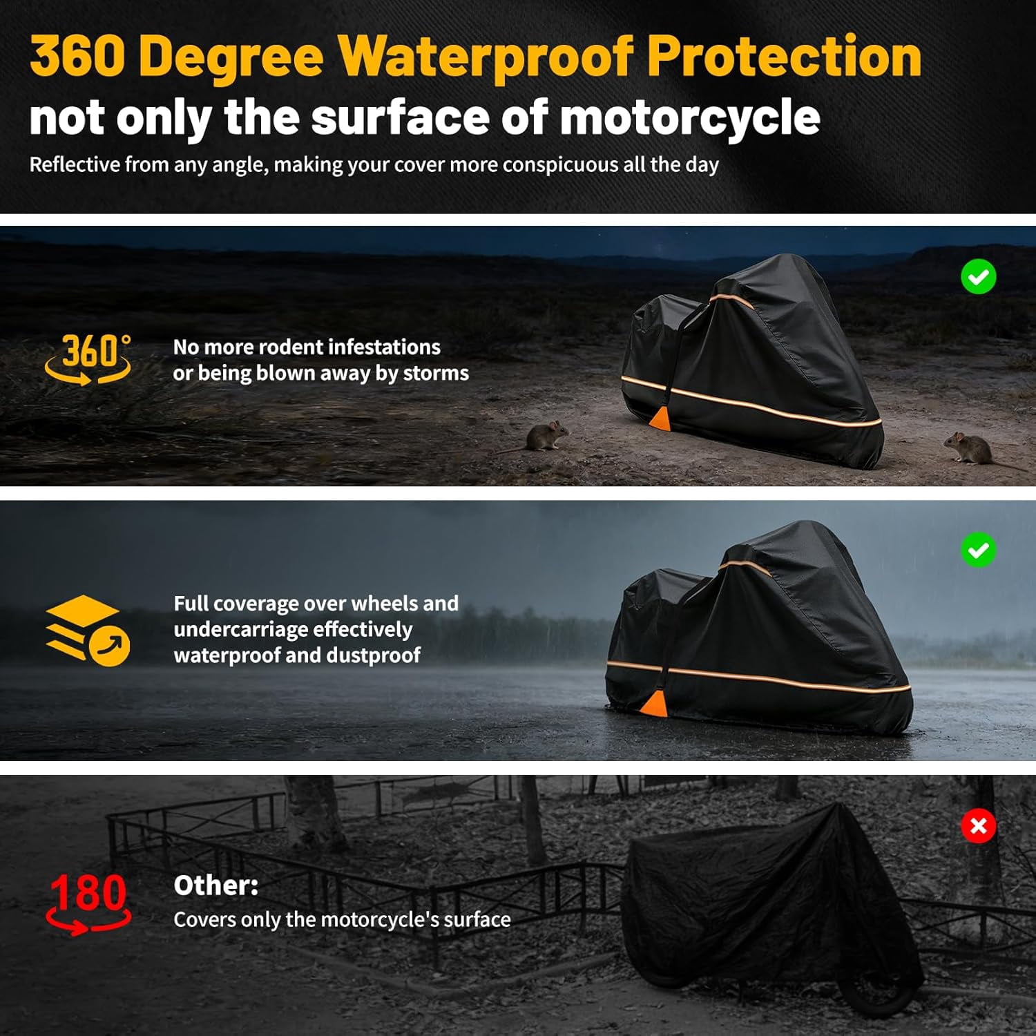 Full Enclosed Motorcycle Cover, 600D Heavy Duty Waterproof Motorcycle Cover 108 Inch, Fits for Harley Honda Yamaha Suzuki Scooter, Dirtbike, Cruiser, Touring Models, Black