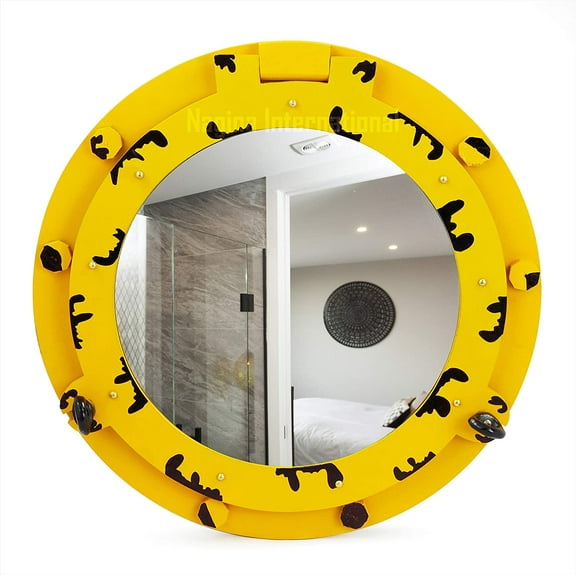 Nagina International Nautical Wall Decor Wooden Handcrafted Porthole Mirror | Pirate' Ship Decor (12 Inches, Yellow-Black)