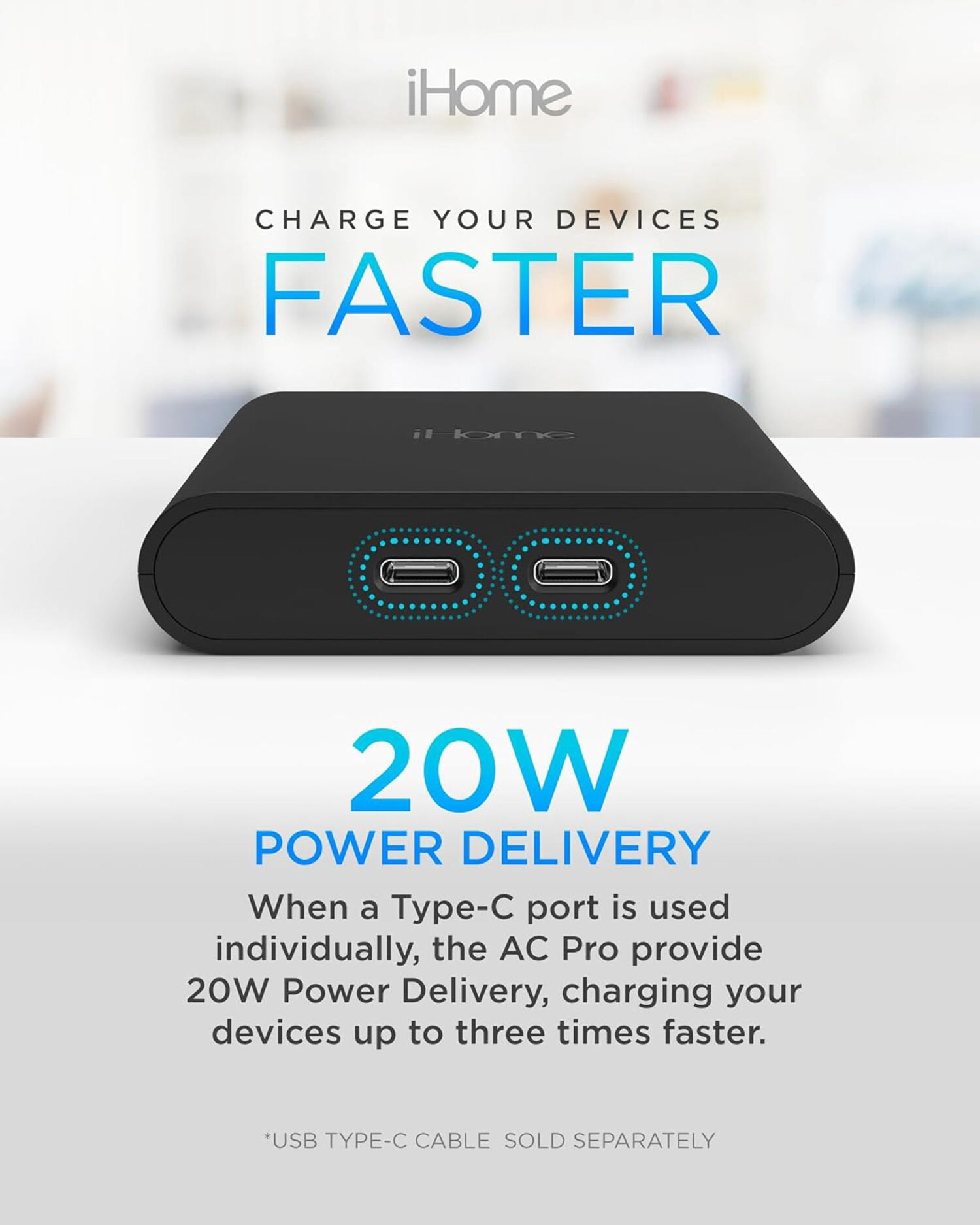iHome 40W USB-C Multiport Wall Charger, 2-Port AC Adapter, Dual Fast Charging