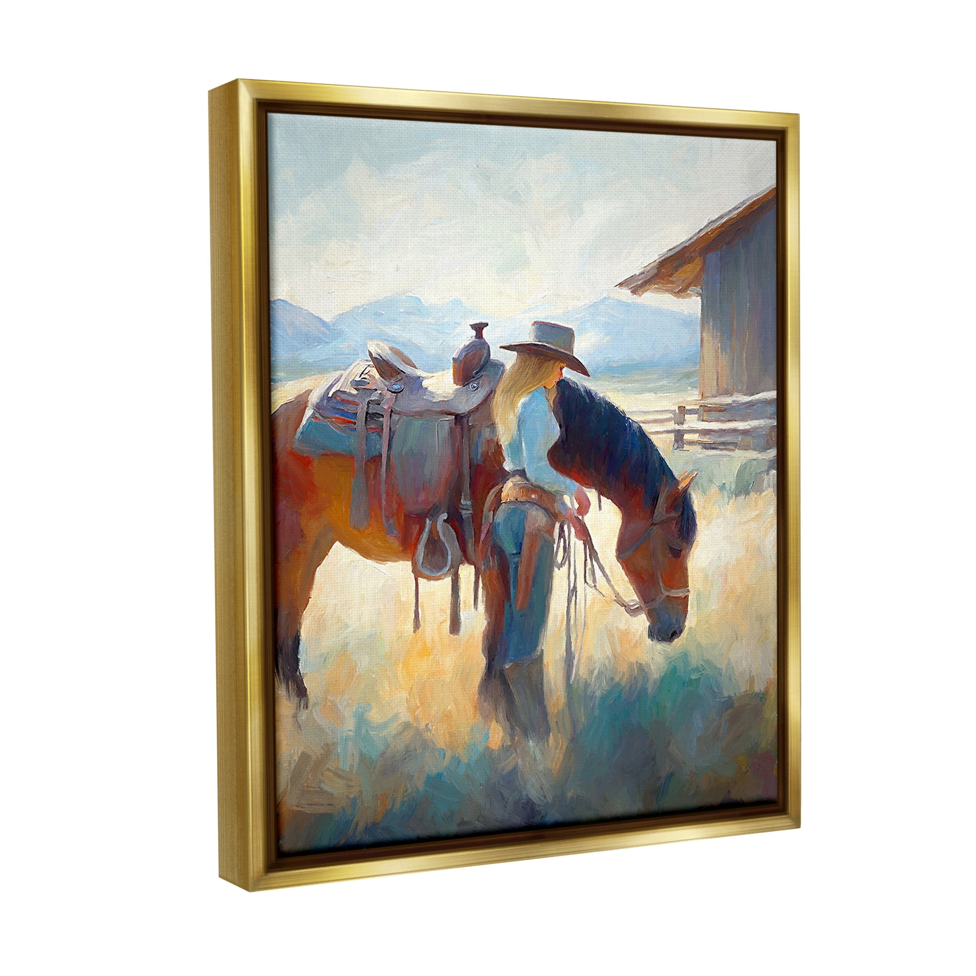 Stupell Industries Equestrian Girl & Horse Animals & Insects Painting Gold Floater Framed Canvas Art Print Wall Art, 25 x 31