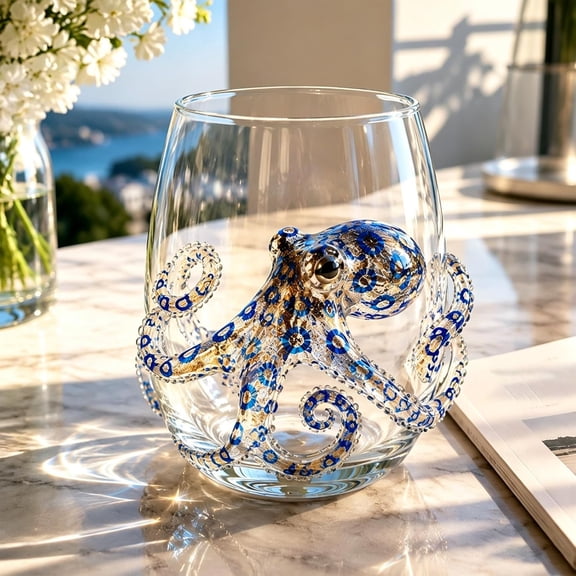 Wine Glass, 3D Ocean Fantasy Embossed Glass Collection, Handcrafted Marine Animal Bar Wine Glass , Coastal Home Decor Gift