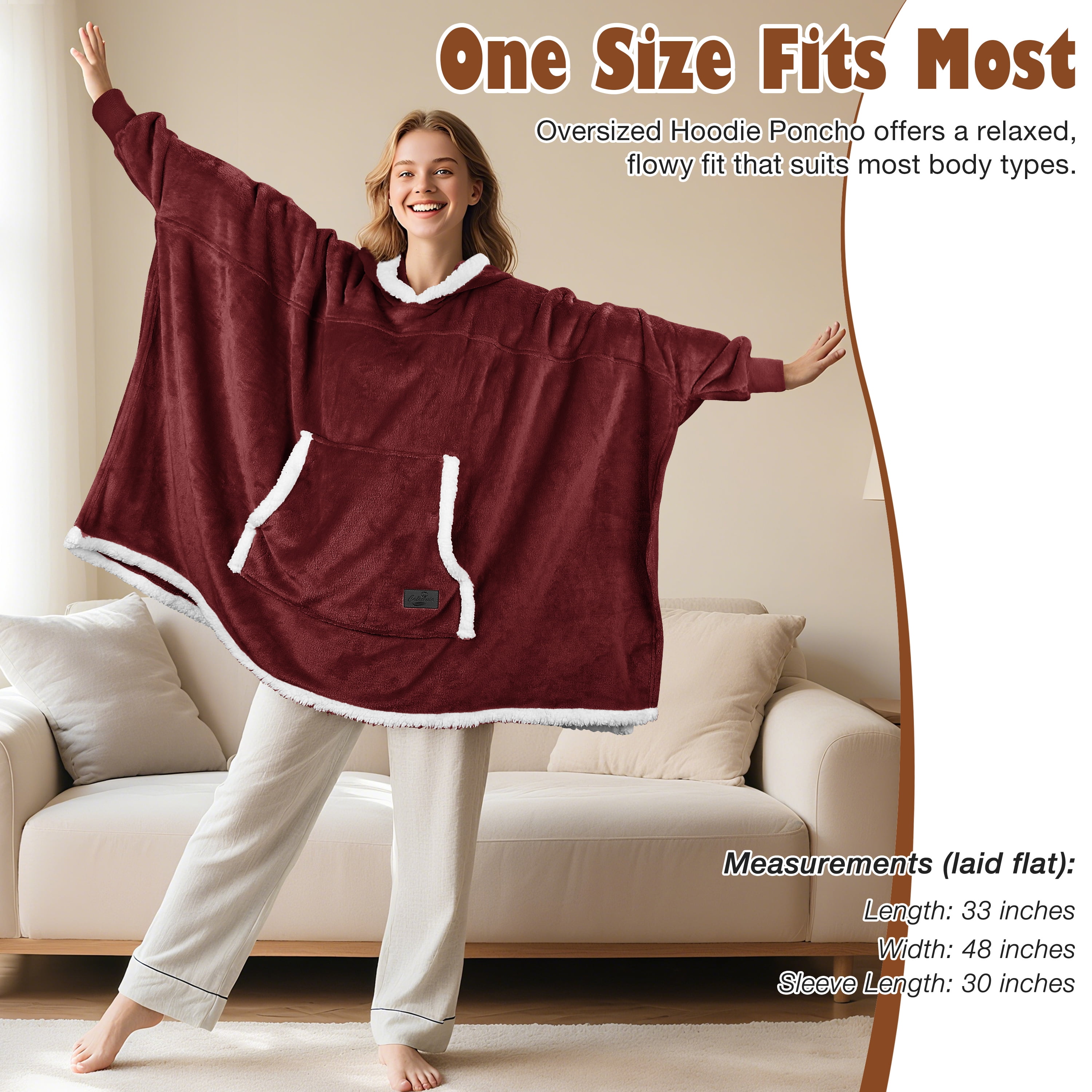Catalonia Oversized Hooded Poncho Throws Cape, Casual Hoodie Sweatshirt, 2.33 Lbs for All Ages