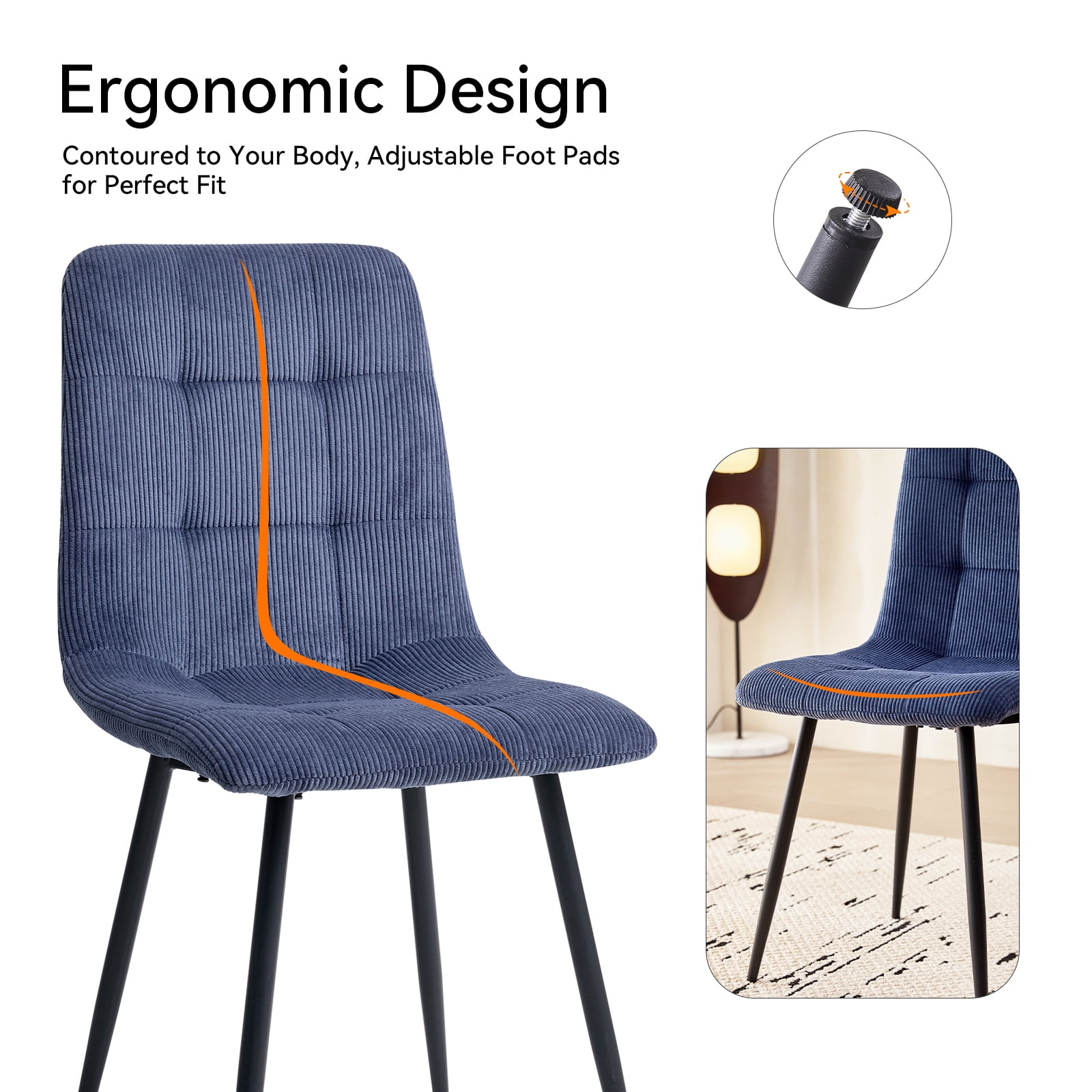Corduroy Dining Chairs Set of 4, Modern Upholstered Fabric Kitchen Chair for Living Dining Room, Apartment, Blue