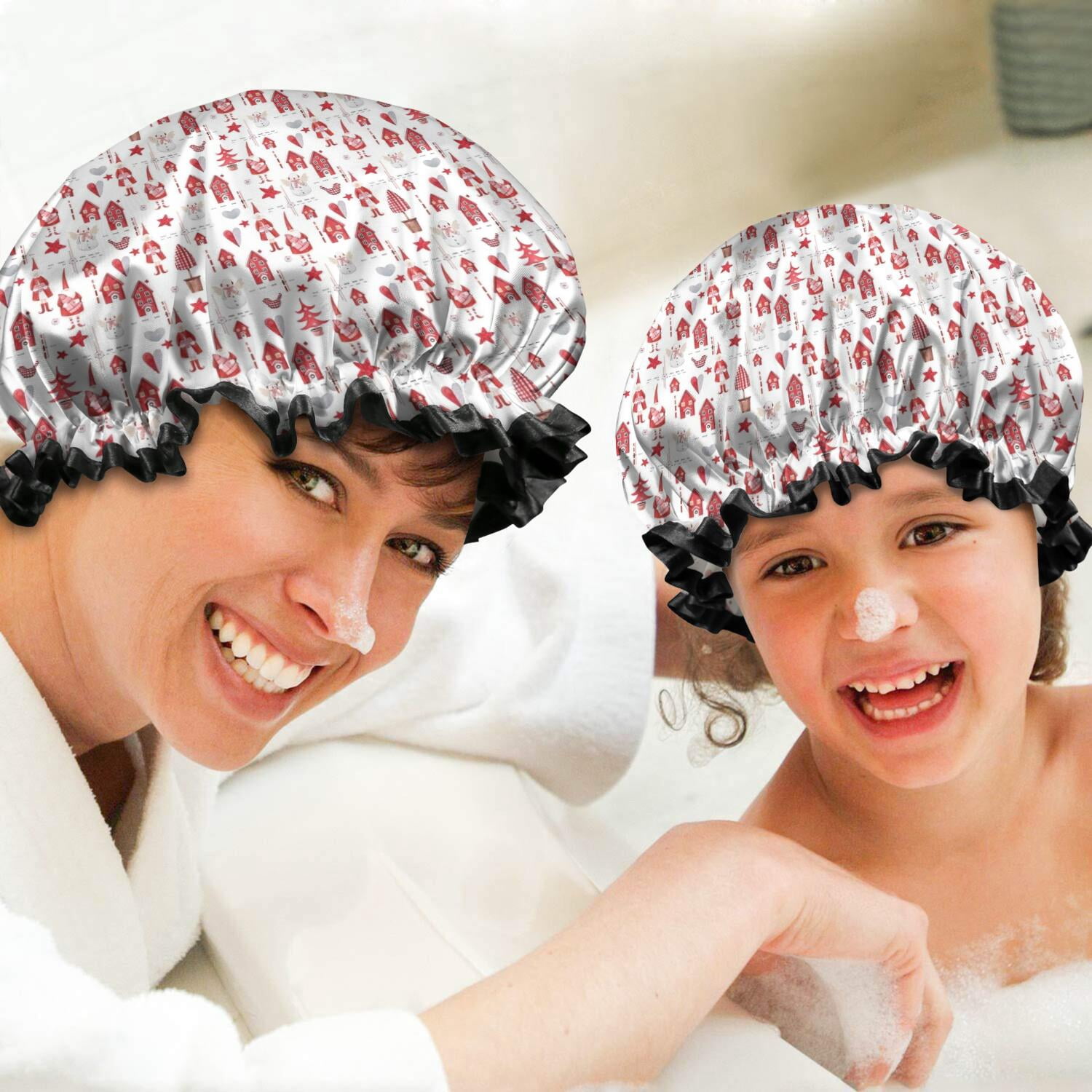 Shower Caps,Red Christmas House and Tree Pattern Waterproof Shower Cap for Women 4 Pieces,Double Reusable Hair Cover for Shower PEVA Elastic Stretch Hem