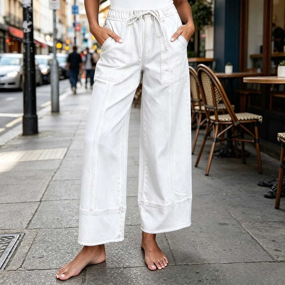 sdhkgrrt Women's Wide Leg Jeans with Pockets Elastic Waist Loose Baggy Ankle Length Solid Casual Denim Trousers Everyday Fashion Wear Fall Outfits, White S