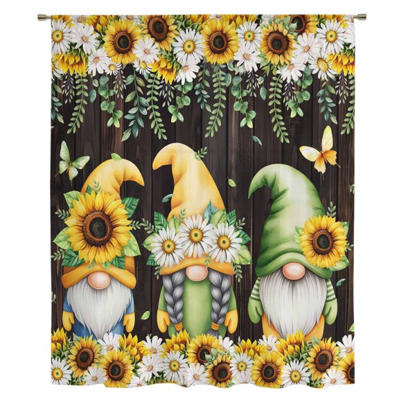 Spring Gnomes Sheer Curtains 45 Inches Long, Farmhouse Botanical Sunflowers Wooden Grain Light Filering Curtains, Breathable Simi Curtain Privacy Drapes for Kitchen Bathroom Small Window Treatment
