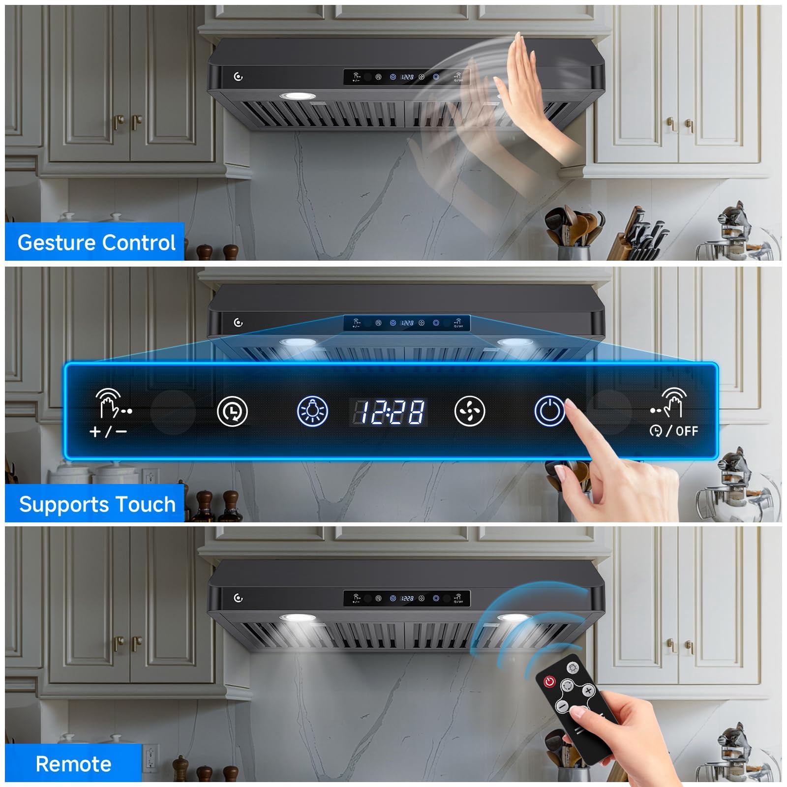 Aobosi Under Cabinet Range Hood 30 Inch, 750CFM Stainless Steel Kitchen Stove Vent Hood 3 Speed Exhaust Fan Touch/Remote/Gesture Control, Black