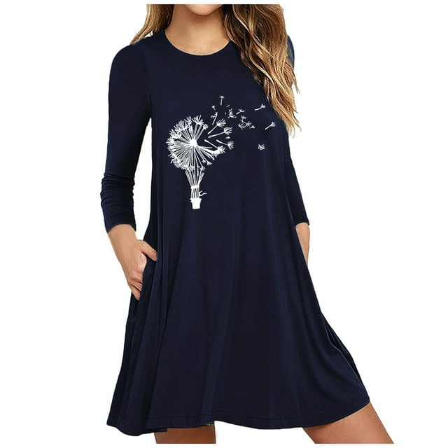 Robe Longue à Manches Longues Femme Imprimée Manches Longues Poches Robe Décontractée Sauvage Robe Ample Robe à Manches Longues Robes Décontractées pour Femmes Robes Décontractées Longues Décontractées