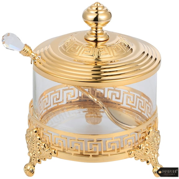 Matashi Gold/Rose Gold/Silver Plated Sugar Bowl Honey Dish Candy Dish Glass Bowl w Crystal Studded Spoon Christmas Gift