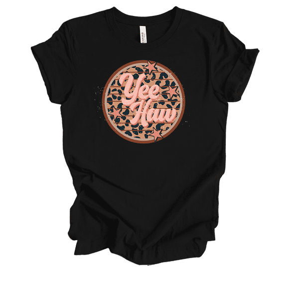 Trenz Shirt Company Womens Cute Distressed Vintage Yee Haw Cheetah Print Circle Ladies Short Sleeve T-Shirt-Black-Small