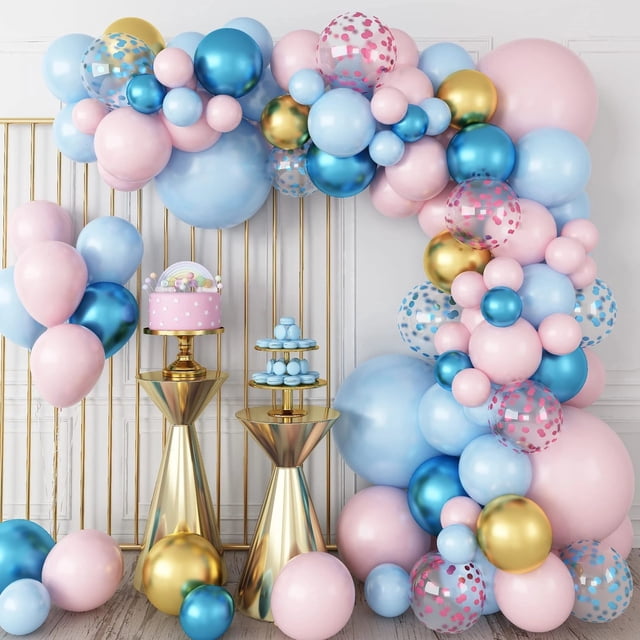 Kit para arcos de globos, 90 unidades, látex rosa, azul y dorado con globos de 5 a 45 cm