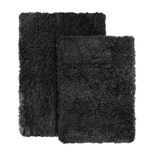 Clara Clark Shaggy Bath Rug with Non-Slip Backing Rubber Super Soft Bathmat-2 Piece Set, Black
