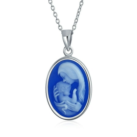 Vintage Cameo Locket (Vintage Victorian Style Black Blue White Carved Cameo Mother Loving Child Pendant Necklace For Women 925 Sterling)