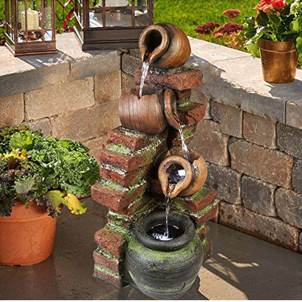 23.6" Outdoor Water Fountain With LED Lights, Modern Cascading Waterfall Fountain for Decor 