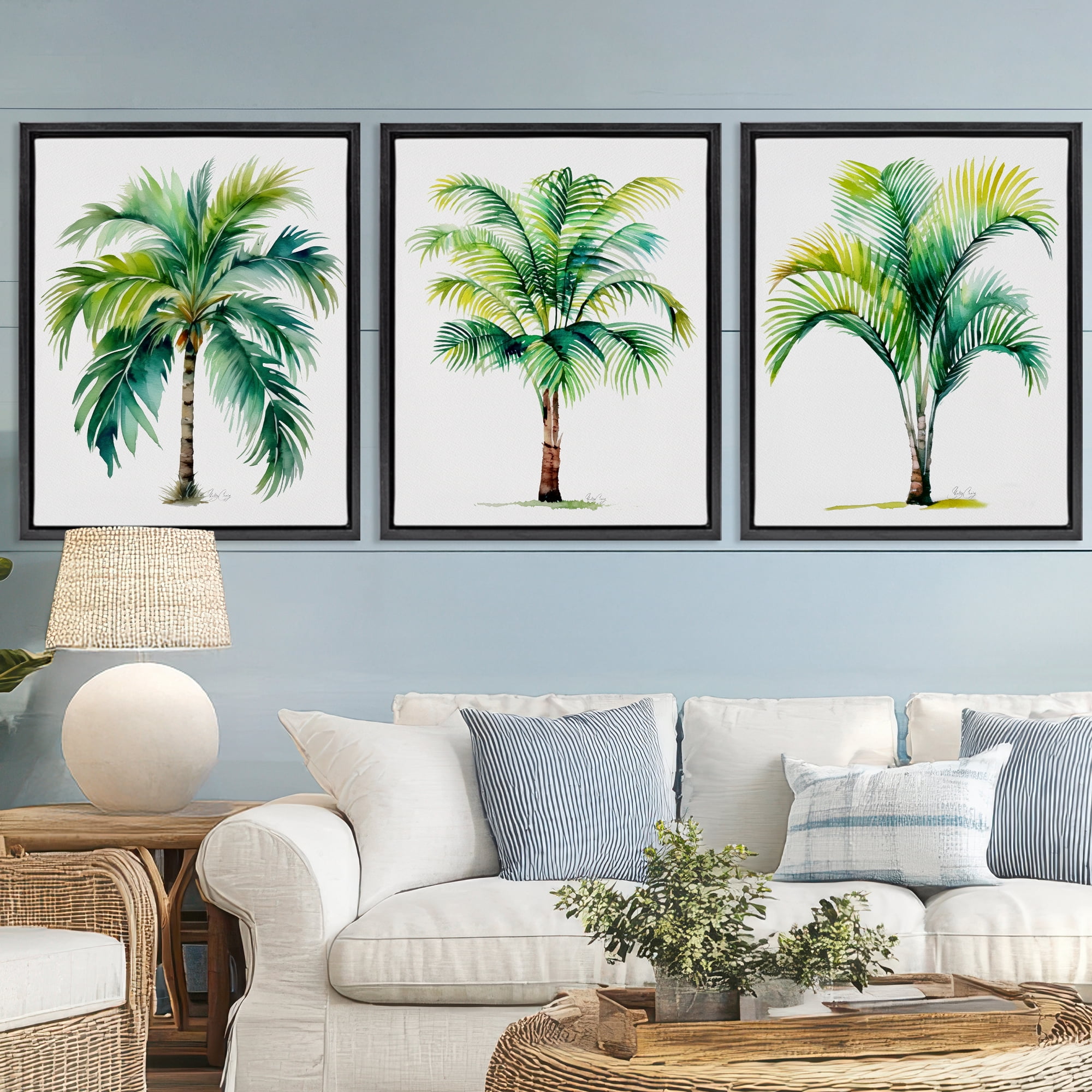 Stupell Industries Exotic Lagoon Palms 3 Piece Black Framed Floater Canvas Set, design by Shelly Craig