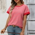 thumbnail image 6 of Ohufall Trendy Womens Tops Soft Comfortable Short Sleeve T-shirts Patchwork Crew Neck Stripes Pullover Tops, 6 of 9