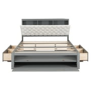 Euroco Wood Queen Platform Bed with Storage Headboard, Drawer and Shoe Cabinet for Living Room, Gray
