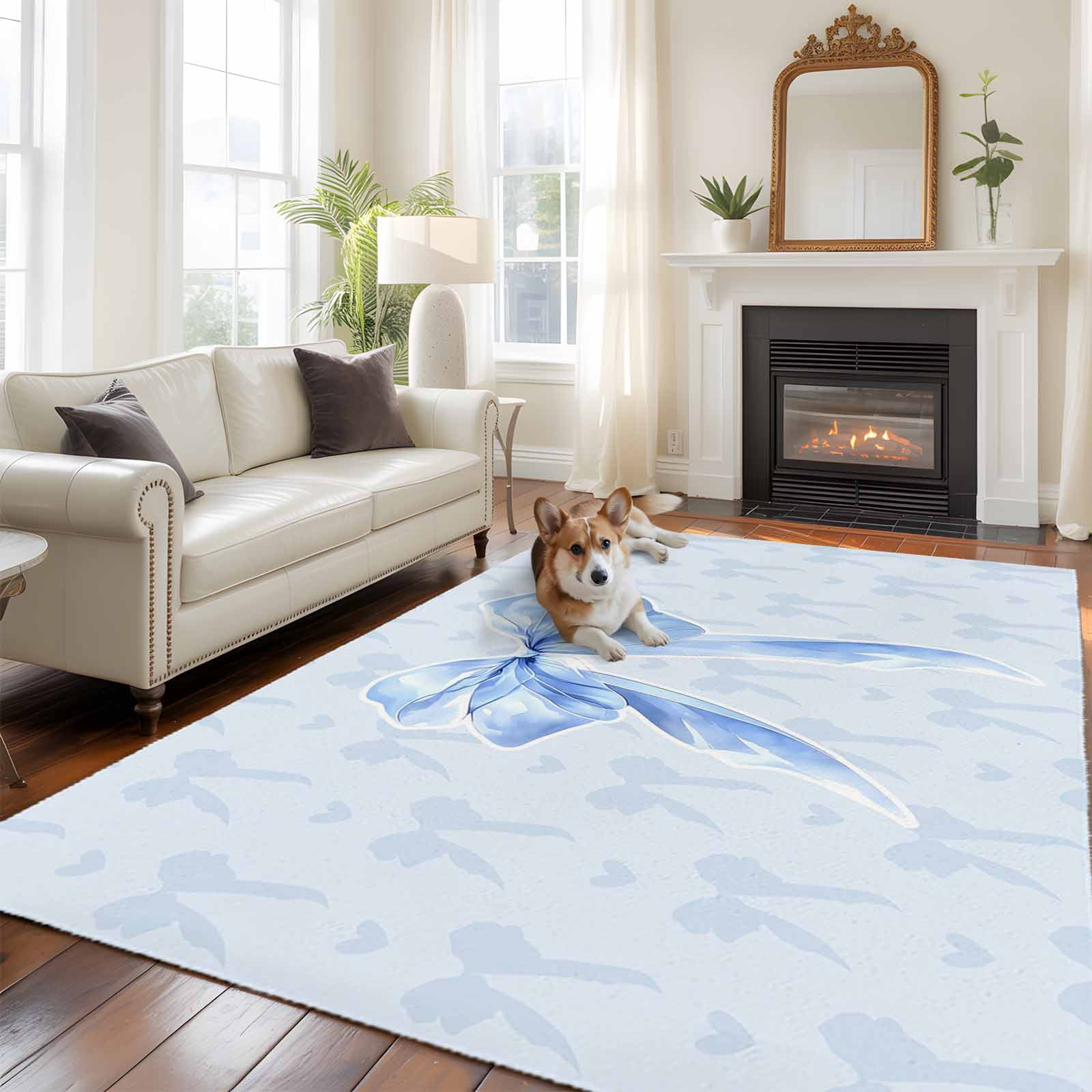 Cute Bow Area Rugs 6'x9', Washable Small Throw Rugs for Kitchen Dining room, Blue Bowknot Minimalist Solid Color Indoor Outdoor Rug Non-Slip Low Pile Carpet Runner Reversible Floor Mats