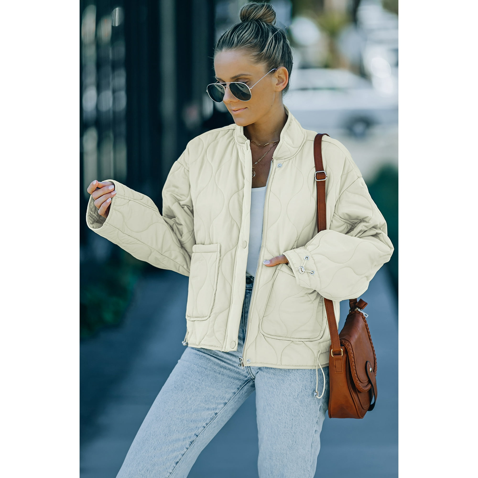 Poglip Women s Khaki Stand Collar Quilted Liner Jacket Beige