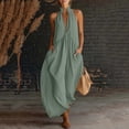 thumbnail image 2 of fheaev Women's Maxi Dress Linen Halter Neck Sleeveless Pleated Backless with Pockets Solid for Vacation Green L, 2 of 6