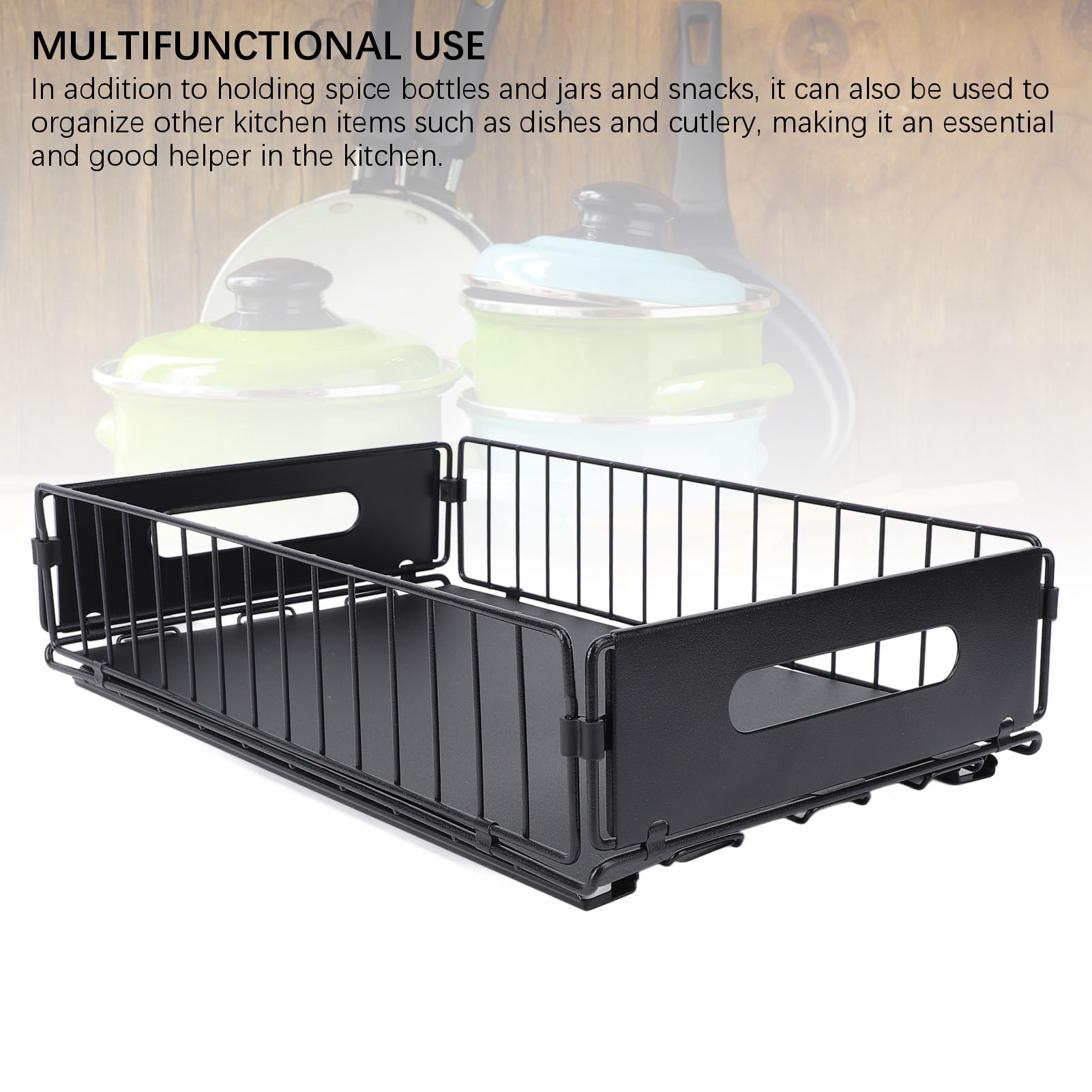 YAHHU 2PCS Pull Out Cabinet Organizer Metal Flexible Multifunctional Pull Out Spice Rack for Under Sink Kitchen Short Black (15.35 inches / 39 cm)