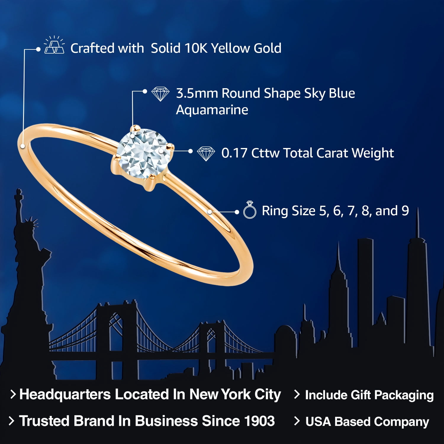 Gem Stone King 10K Yellow Gold Sky Blue Aquamarine Solitaire Engagement Ring for Women (0.17 Cttw, Round 3.5MM, Gemstone March Birthstone, Size 7)