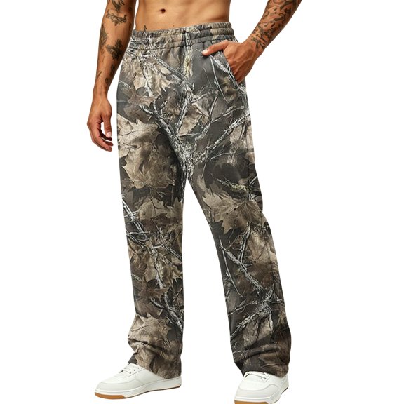 Havenx Men's Camo Baggy Sweatpants Wide Leg Dry Leaf Print Elastic Waist Sweatpants with Pockets Open Bottom Camouflage Wear Loose Fit Y2k Workout Athletic Soft Outfits,Brown S