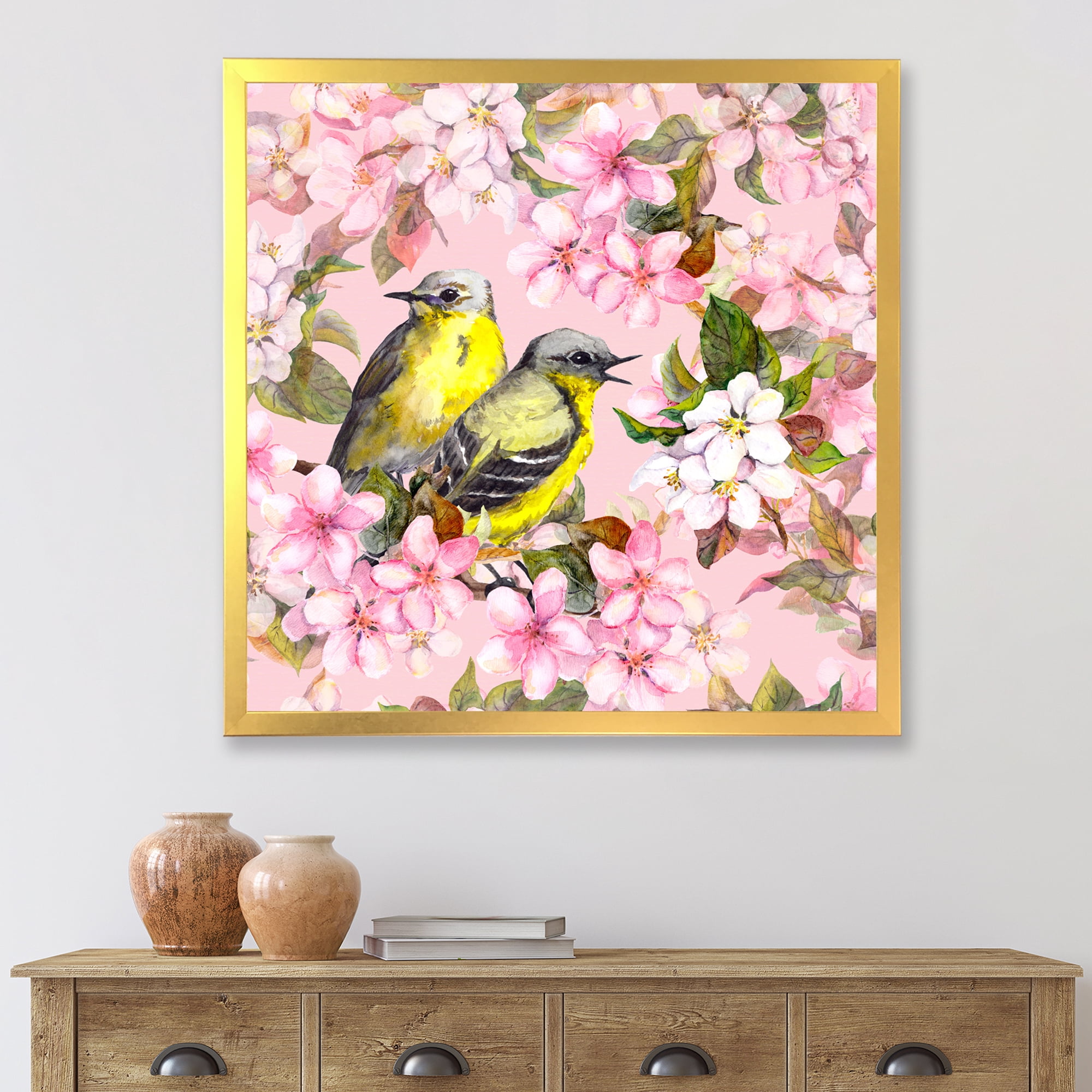 Designart 'Birds On Pink Cherry Sakura and Apple Flowers I' Traditional Framed Art Print