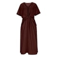 thumbnail image 4 of Gamivast Dresses for Women Linen Short Sleeve V-Neck Twist Front Maxi Dress Loose Fit A-Line Long Dress with Pockets Casual Resort Vacation Beach Dress Brown L, 4 of 6