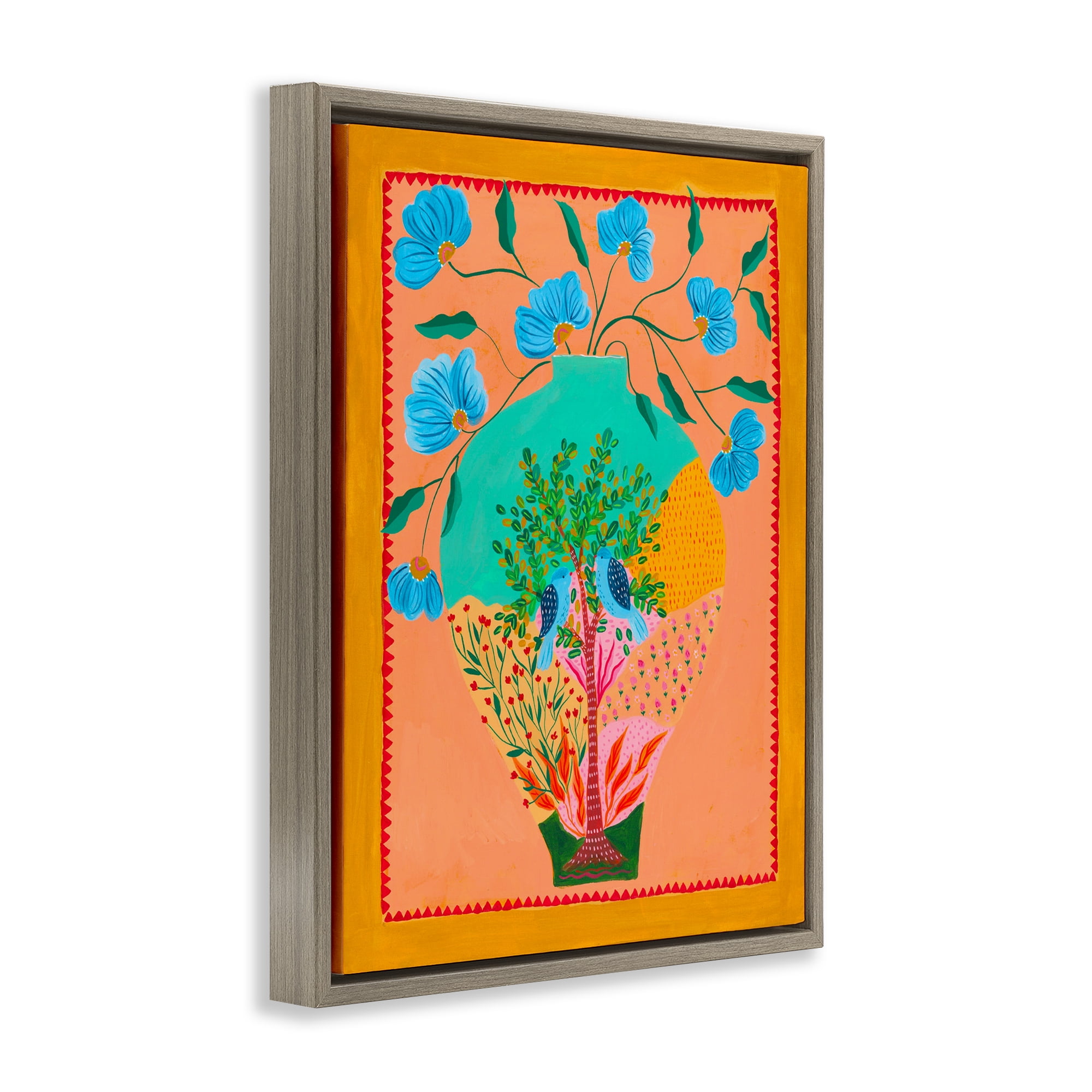 Bluebirds & Boho Flower Vase Brown Framed Floater Canvas Wall Art, design by Nabeela Rumi