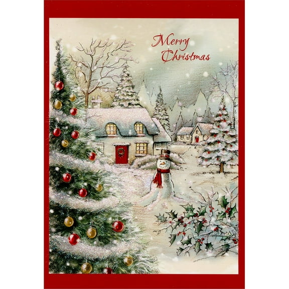 Designer Greetings Sparkling Snow Covered Home, Evergreen and Snowman Box of 15 Christmas Cards