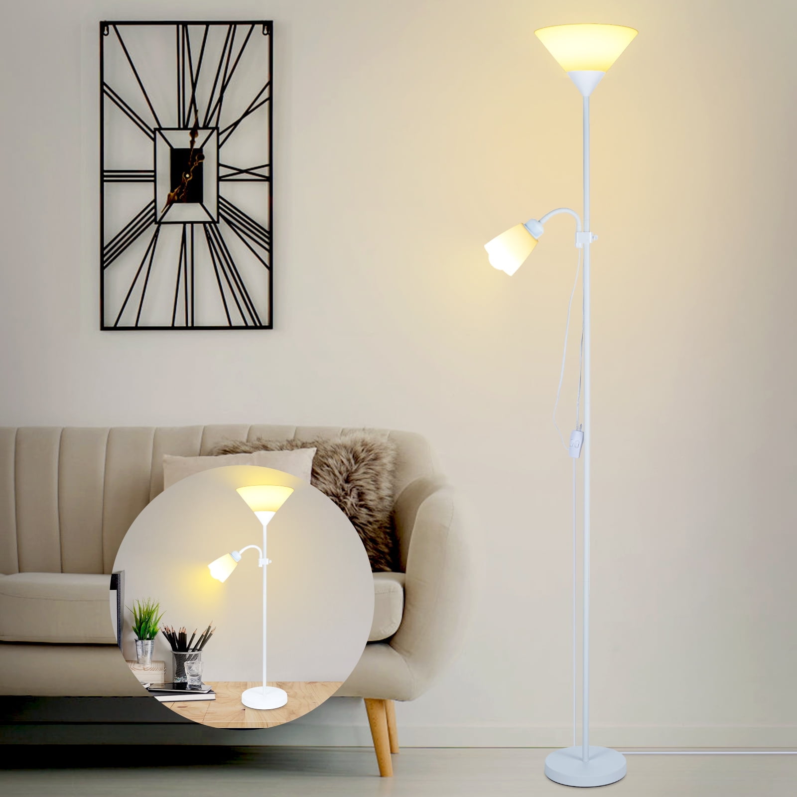Adjustable Floor Lamp, 2 Head LED Torchiere Standing Lamp, Modern Dimmable Tall Reading Light with Bulbs for Living Room
