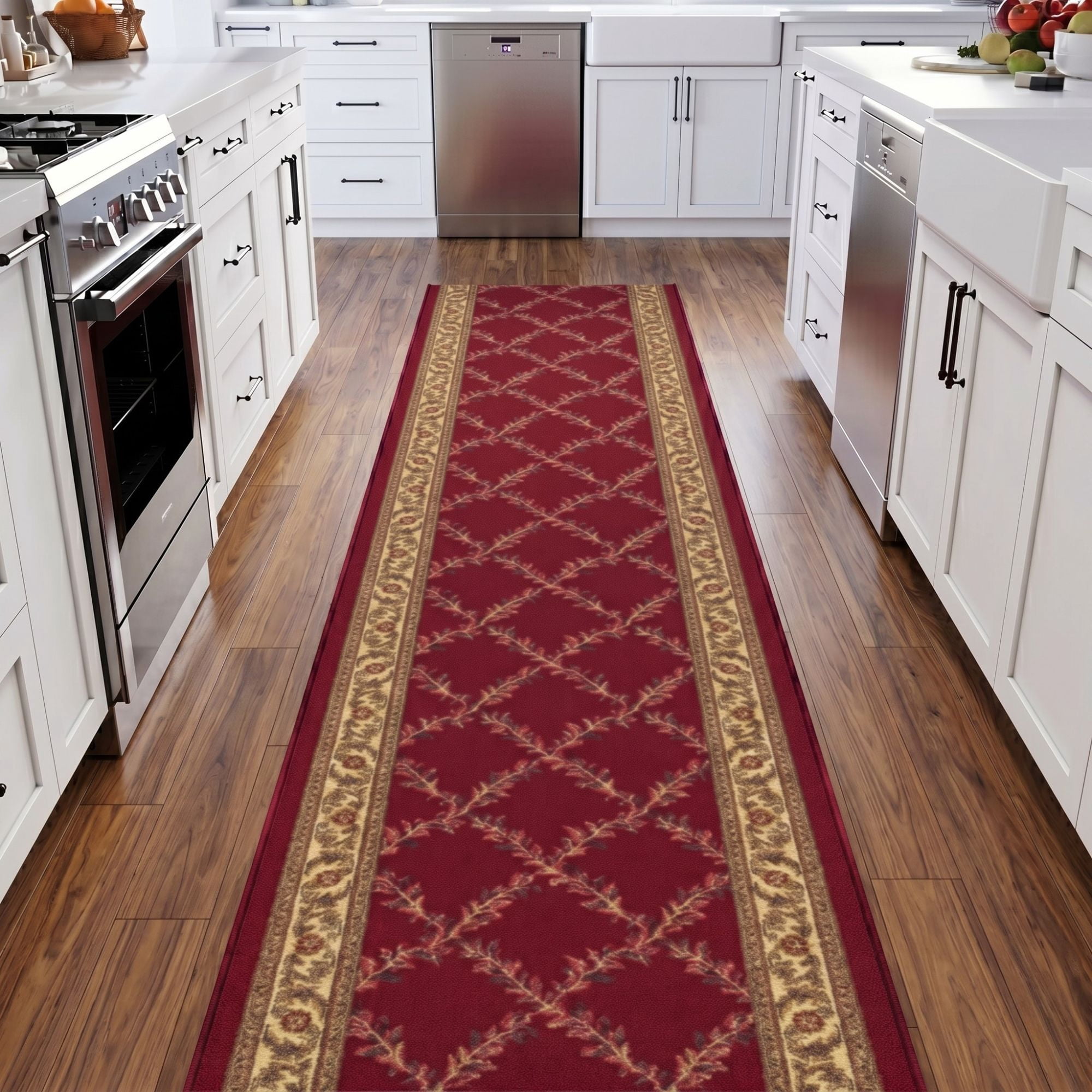 Ottomanson Extra Long Runner Rug 2'7" x 37' – Non-Slip Low Pile Hallway Carpet, Trellis Burgundy Red
