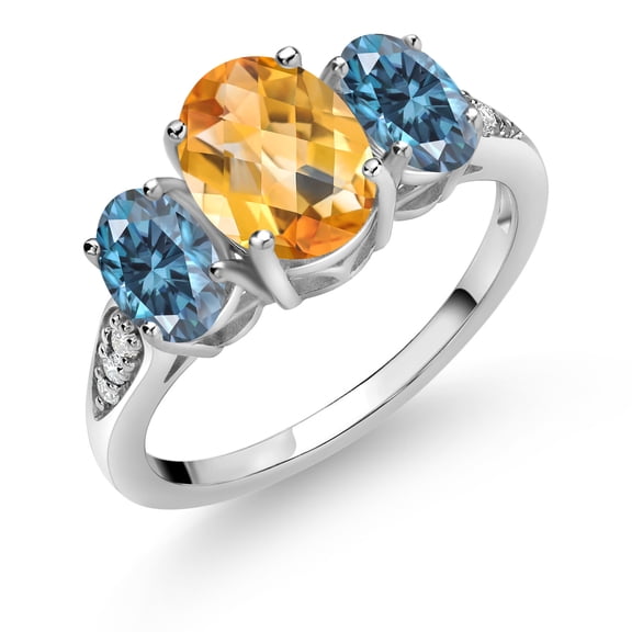 Gem Stone King 10K White Gold Yellow Citrine Persian Blue Moissanite and White Lab Grown Diamond 3 Stone Engagement Ring for Women (2.19 Cttw, Gemstone Birthstone, Size 5)