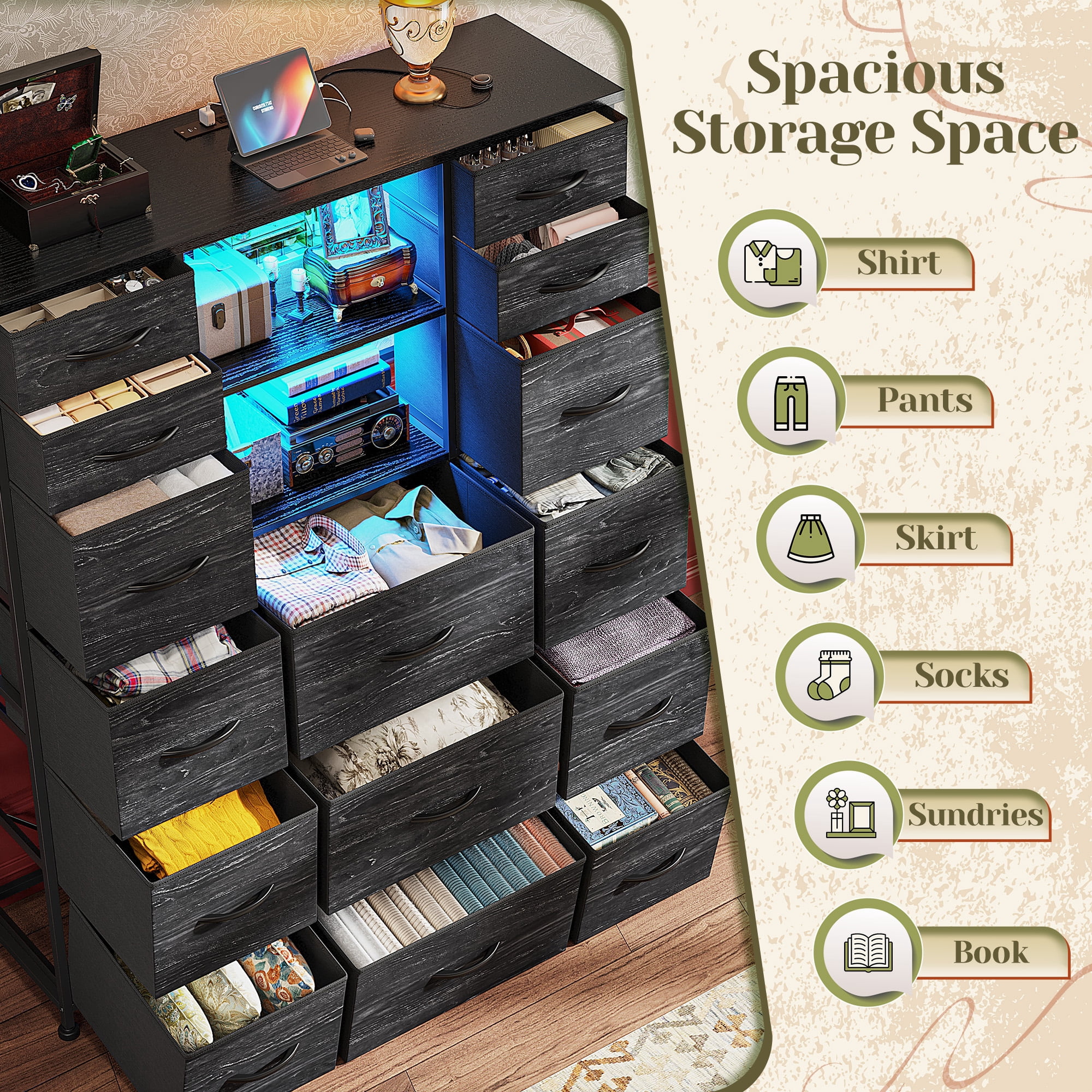 Romorgniz 51" H Dresser with 15 Fabric Drawers Tall Dresser for Bedroom with Charging Station & LED Lights, Black