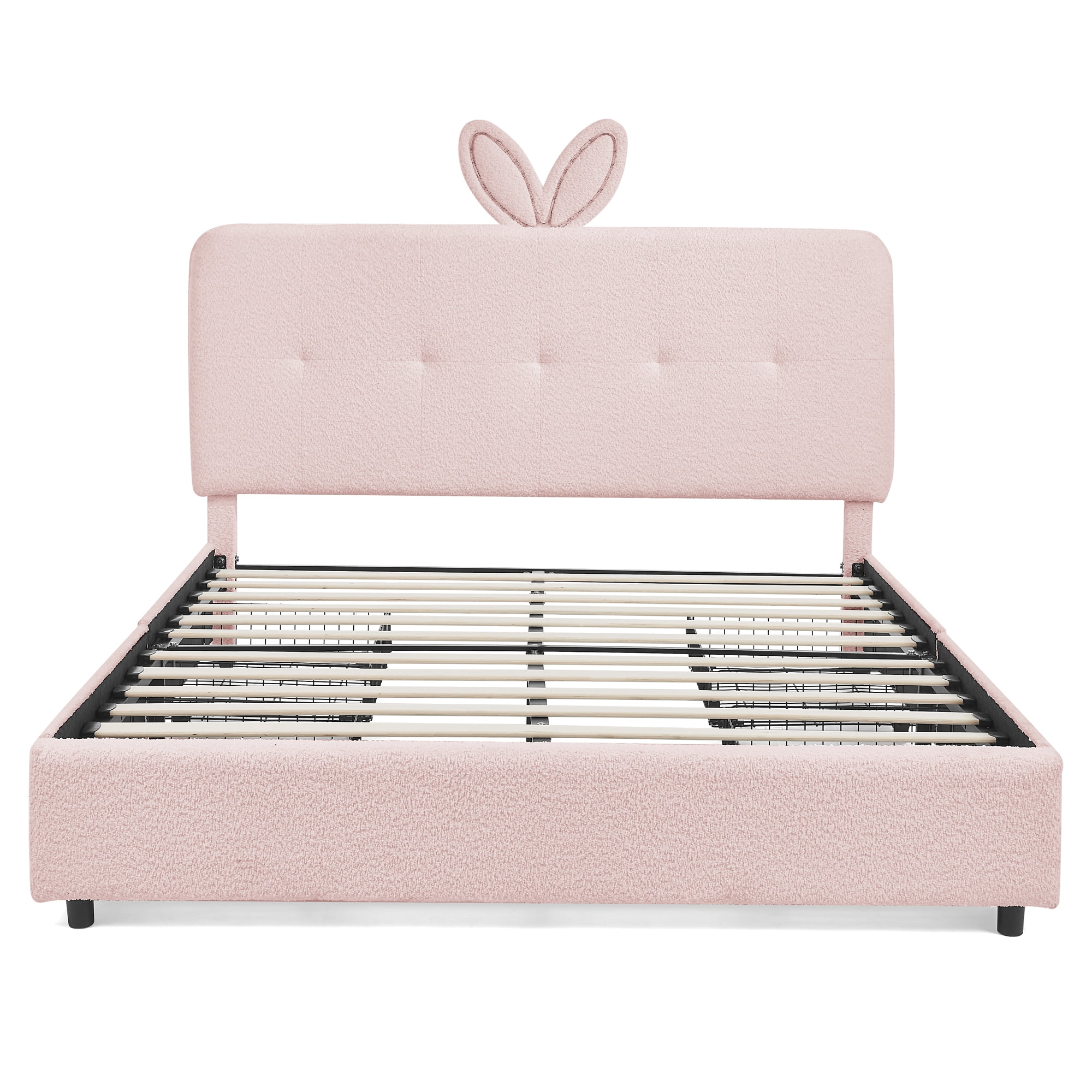 Full Size Kids Bed with LED Lights and 4 Storage Drawers, Upholstered Boucle Bed Frame with Oversized Rabbit Ear Headboard, Platform Bed for Kids Bedroom, Pink