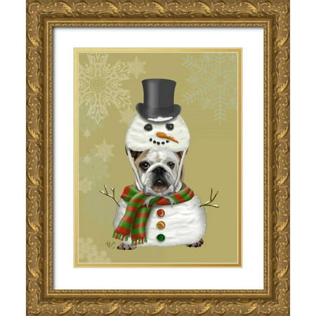 Fab Funky 15x18 Gold Ornate Wood Framed with Double Matting Museum Art Print Titled - English Bulldog Snowman Costume