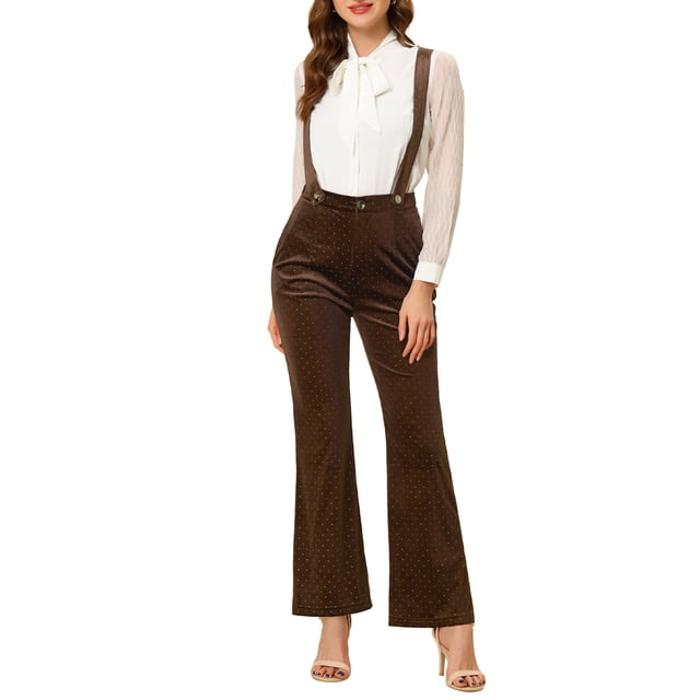 Pantalones de Monos con Botones de Lunares y Pierna Ancha Allegra K con Cinturón de cintura Alta de terciopelo para mujer Marron oscuro M