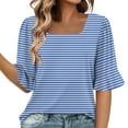 thumbnail image 4 of GSPCLAM Women's T-Shirts Striped Pattern Crew Neck Loose Fit Tops for Outgoing Summer Fashionable Flow Blouse Light Blue L, 4 of 6