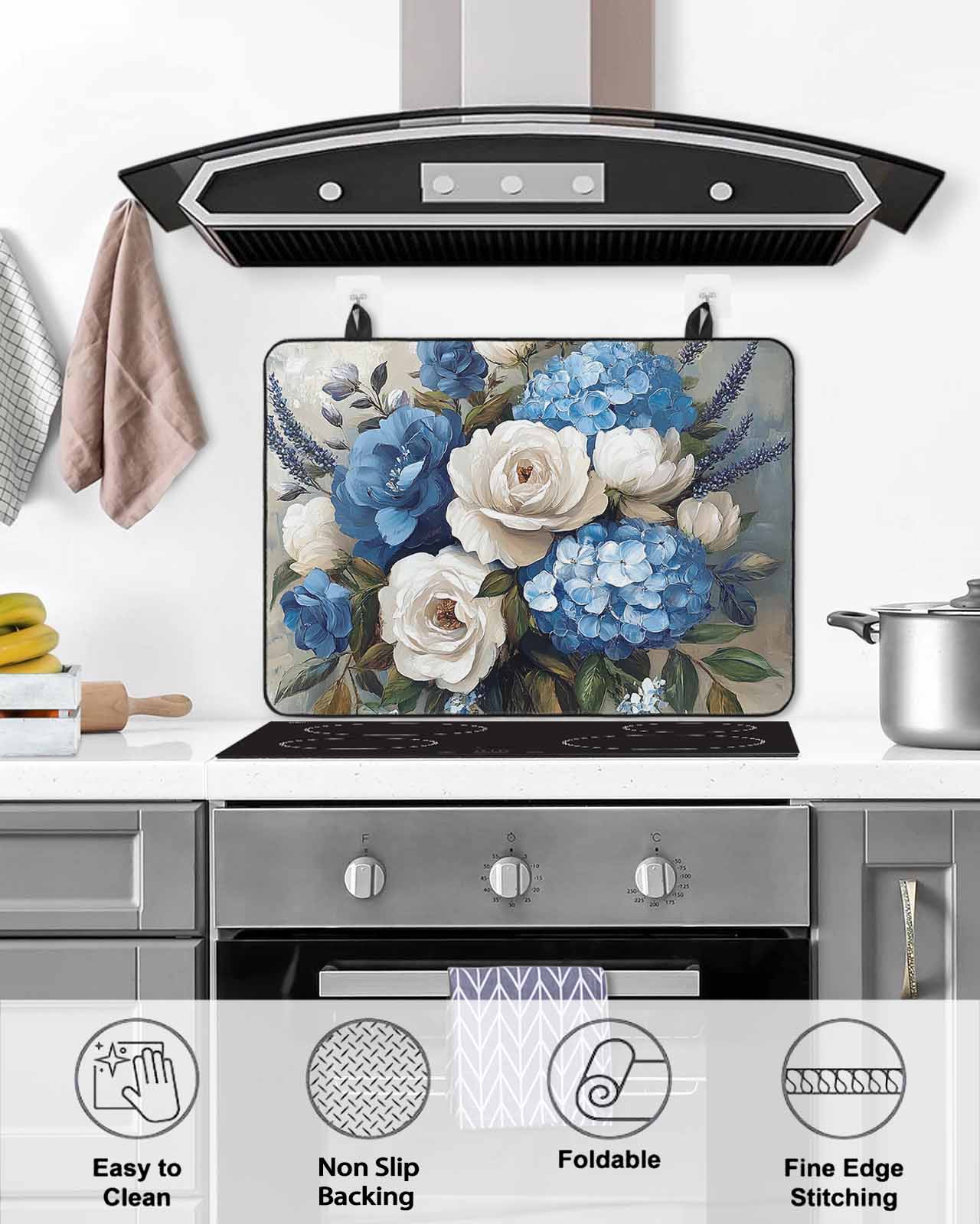 nqOlkjepod Large Induction Cooktop Protector Mat 24"x21", White Blue Spring Floral Stove Top Covers for Electric Stove, Pastoral Flowers Vintage Stove Burner Cover Mats, Glass Top Stove Cover