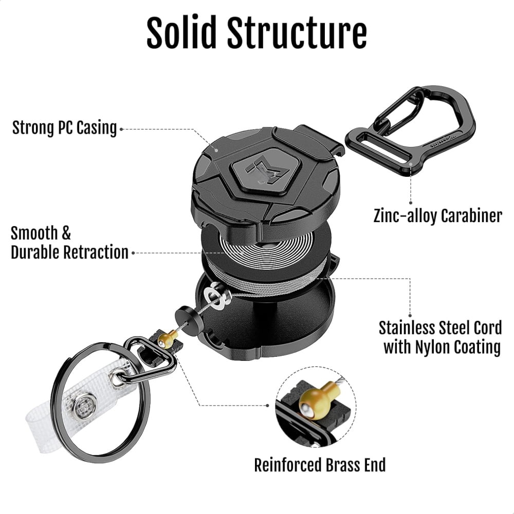 Retractable Keychain, Heavy Duty Carabiner Badge Holder, Tactical ID Badge Reel with 31.5” Steel Retractable Cord, 8.0 oz