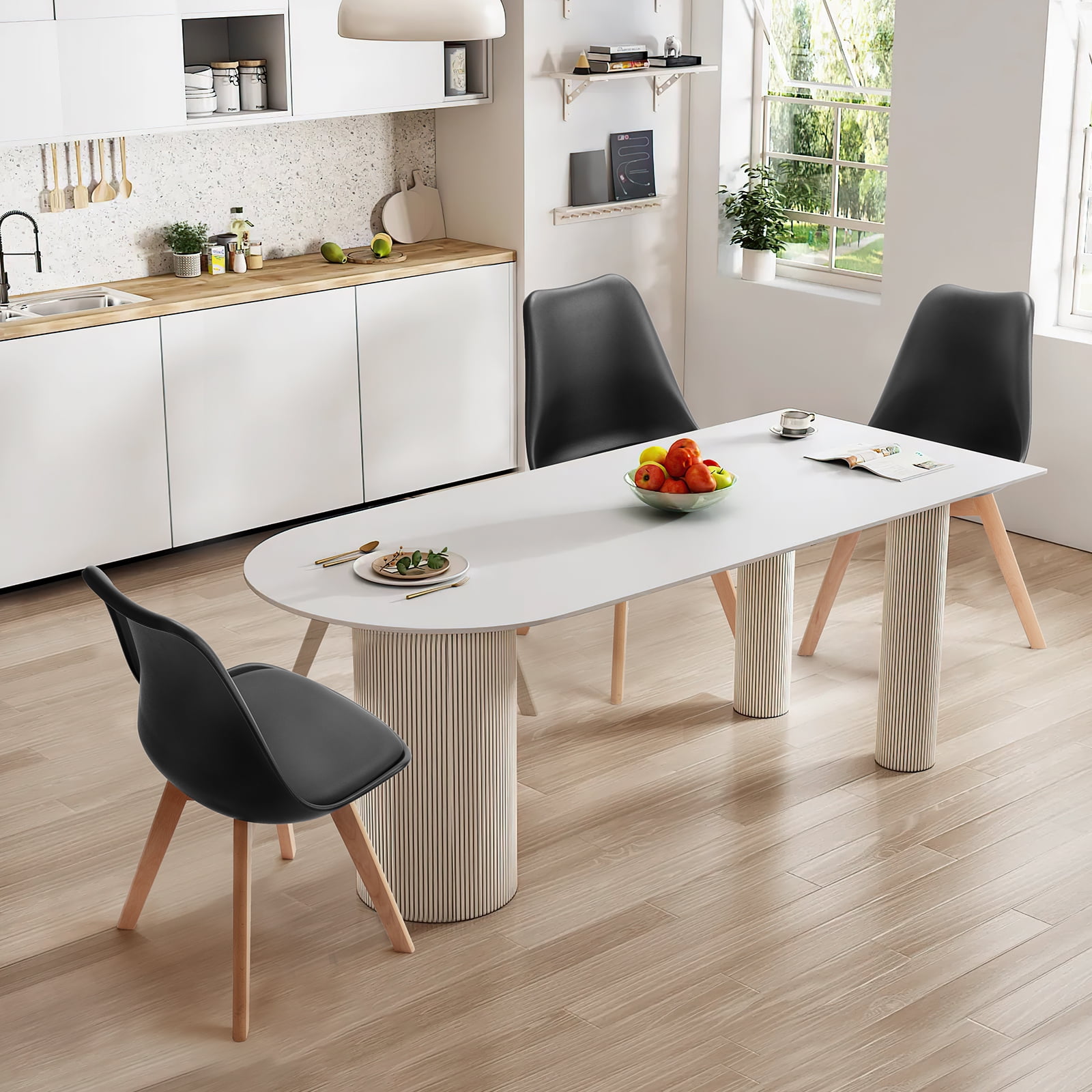 GIANNA Set of 4 Dining Chairs, Mid-Century Modern Style, PU Leather Padded Seat, Durable Wooden Leg, 22.83"W x 19.09"D x 32.87"H,Black