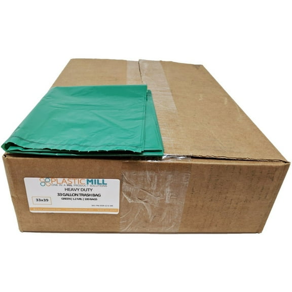 PlasticMill 33 Gallon, Green, 1.2 MIL, 33x39, 100 Bags/Case, Garbage Bags / Trash Can Liners.