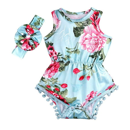 

TUOBARR Toddler Girl Summer Outfits Toddler Children s Sleeveless Romper Flower Print Headband Two-piece Children s Clothing Green 3-6 Months