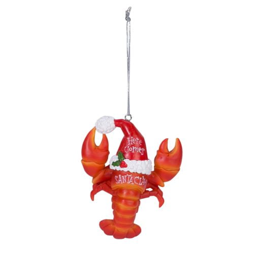 lobster christmas ornament wearing a santa hat, here comes santa claws by