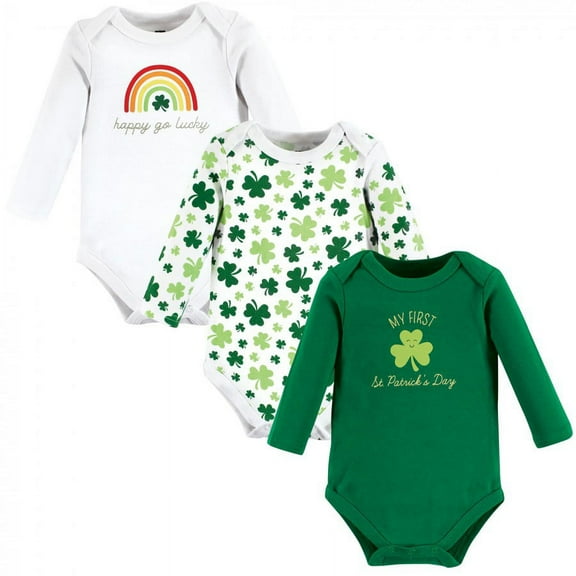 Hudson Baby Infant Girl Cotton Long-Sleeve Bodysuits, St Patricks Rainbow, 0-3 Months